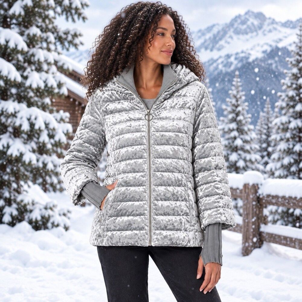 NWT DKNY S Down Jacket Puffer Donna Karan Hood Crushed Velvet Winter Sport Coat